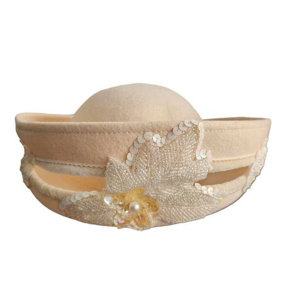 Deborah NY 70s White Wool Crown Hat Embellish Beaded Sequined Applique Womens OS - Picture 2 of 10